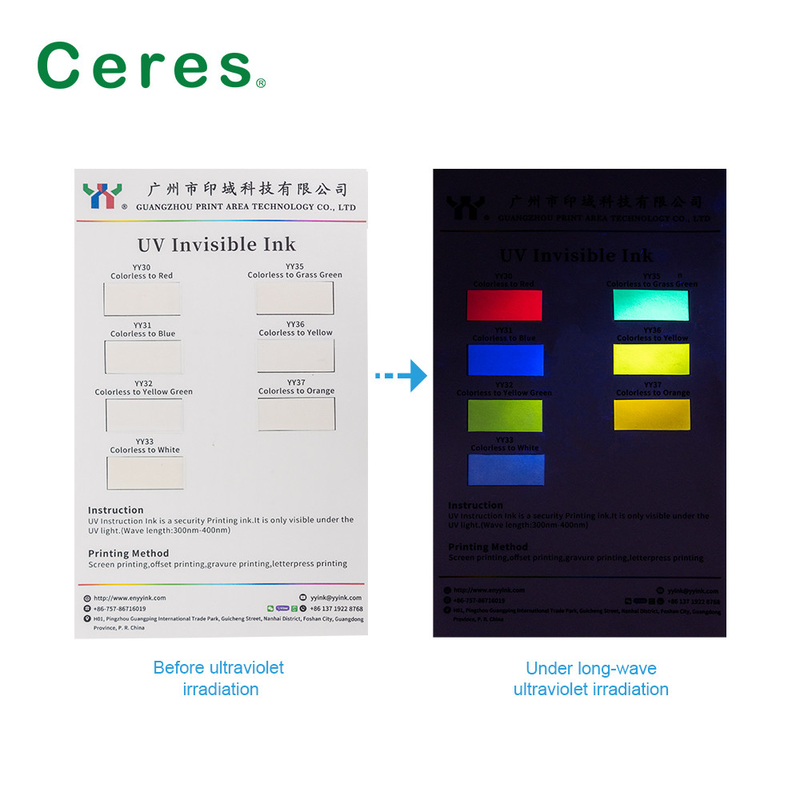 Offset / Écran / Flexo Sécurité de l'impression UV encre invisible pour les documents Jaune Vert Couleur